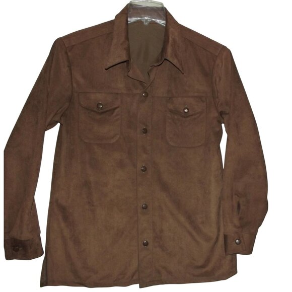 WFF Farah Shirt Mens Sz Large Brown Faux Suede Shacket pocket flaps button down - Picture 1 of 11